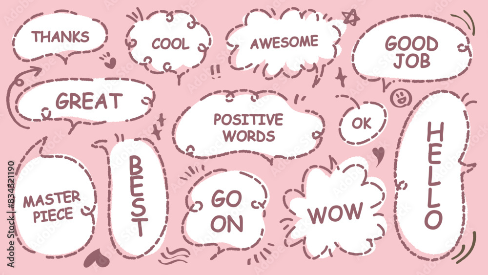 Comic style cute quote speech bubble with positive words. Set of hand drawn memo frame vector. Cartoon doodle crayon drawing cloud, box, message. Flat vector. Best, Awesome, WOW, Master, Piece, Go Comic style cute quote speech bubble with positive words. Set of hand drawn memo frame vector. Cartoon doodle crayon drawing cloud, box, message. Flat vector. Best, Awesome, WOW, Master, Piece, Go