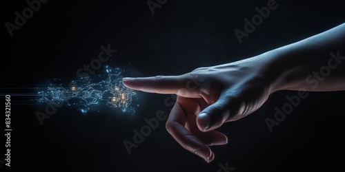 A person's hand pointing at digital interface in the dark, AI Generated