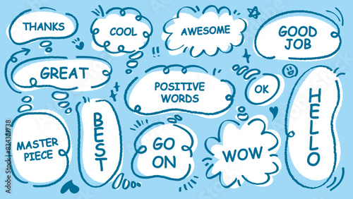 Comic style cute quote think speech bubble with positive words. Set of hand drawn memo frame. Cartoon doodle crayon drawing cloud, box, message. Flat vector. Best, Awesome, WOW, Master, Piece, Go