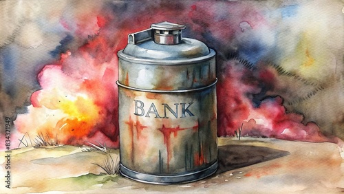 Metal explosive canister labeled 'BANK' in a watercolor style , metal, explosive, canister, labeled, bank, watercolor,danger, safety, security, finance, financial, explosive material