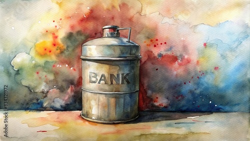Metal explosive canister labeled 'BANK' in a watercolor style , metal, explosive, canister, labeled, bank, watercolor,danger, safety, security, finance, financial, explosive material photo