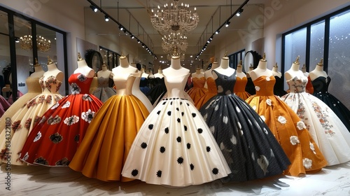 A beautifully arranged display of elegant, vintage-inspired evening gowns in a high-end boutique, showcasing an array of luxurious fabrics, intricate embellishments, and diverse color palettes photo