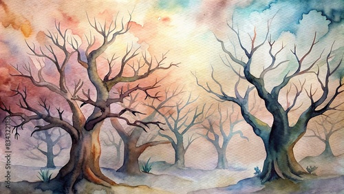 Majestic leafless trees with gnarled branches and twisted trunks in watercolor cut out style, nature, forest, woods, surreal, eerie, spooky, mystical, enchanting, foliage, artistic