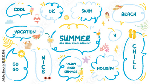 Set of summer theme speech bubble. Cute hand drawn memo sticker with crayon draw. Vector of doodle cartoon style empty blank for text. Chat balloon cloud. Beach Juice Sea, Swim, Sun, Ice cream element