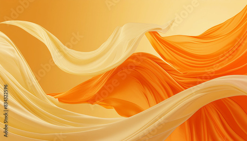 Banner with flying orange and white silk fabric with pleats, background image