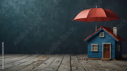 house under umbrella house with umbrella modern concept of building house A house with an umbrella  a concept of property safety and insurance  and a solitary blue background with room