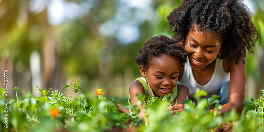 An older sister helping her younger sibling plant flowers in the garden.

