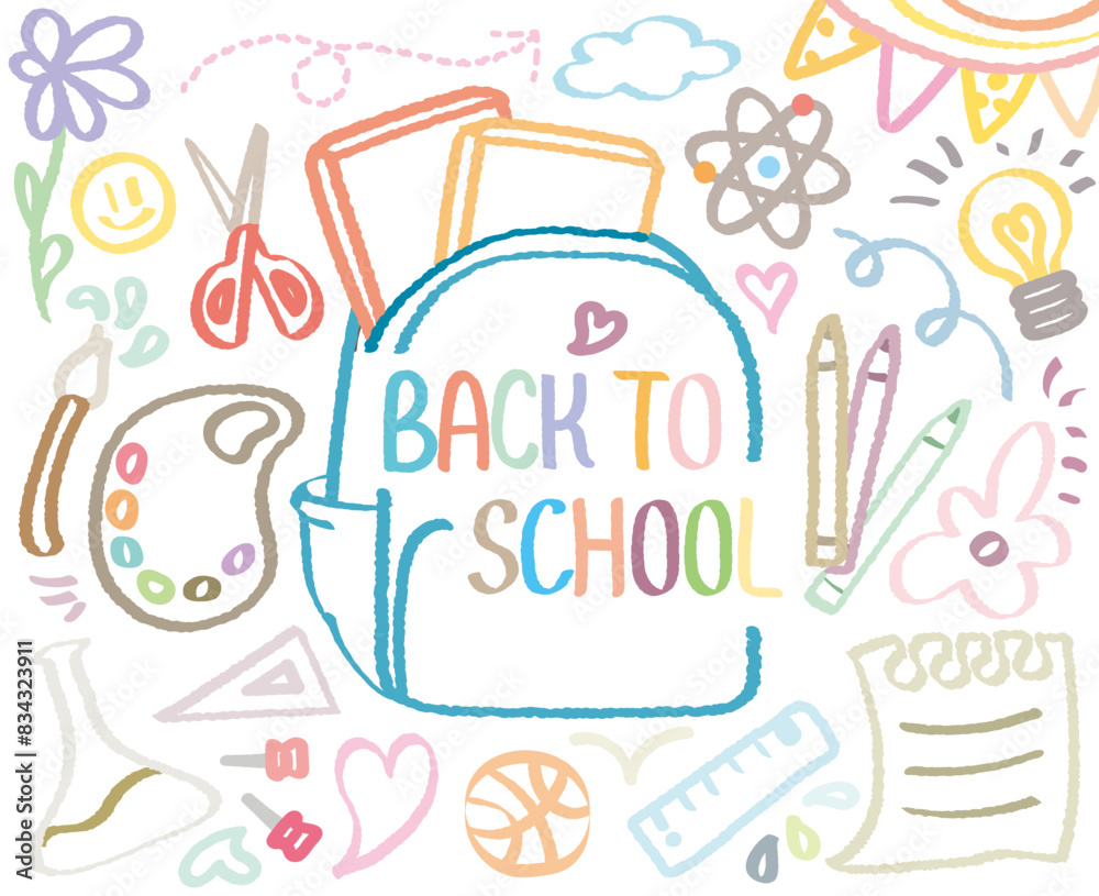 Obraz premium Back to school doodle, colorful hand drawn with crayon. BTS welcome school begin semester background pattern Vector illustration. Out-line draw with book bag. Ruler, Pencil, Science, Art, Scissors