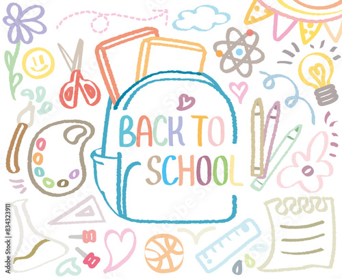 Back to school doodle, colorful hand drawn with crayon. BTS welcome school begin semester background pattern Vector illustration. Out-line draw with book bag. Ruler, Pencil, Science, Art, Scissors