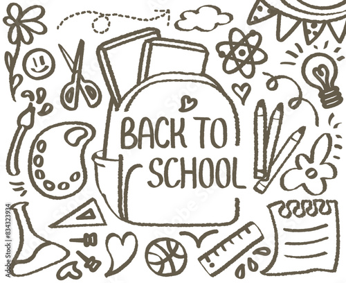Back to school doodle, hand drawn with crayon. BTS welcome school begin semester background pattern Vector illustration. Out-line draw with book bag. Ruler, Pencil, Science, Art, Scissors, Light lamp