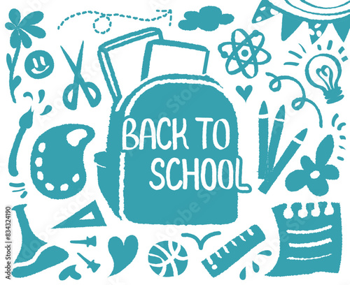Back to school doodle, colorful hand drawn with crayon. BTS welcome school begin semester background pattern Vector illustration. Out-line draw with book bag. Ruler, Pencil, Science, Art, Scissors