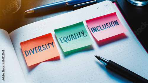 Diversity, Equality, Inclusion - Conceptual Desk Setup with Sticky Notes for DEI Awareness and Office Motivation photo