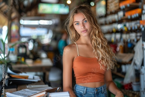 A young woman with blonde, wavy hair in an orange crop top and blue jeans standing in a cozy, well-stocked shop interior filled with various items