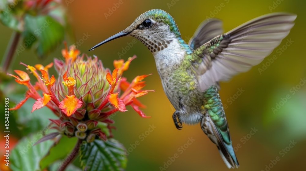 Fototapeta premium Beautiful close-up capture of a vibrant hummingbird in mid-flight, hovering near bright orange flowers with a richly colored background, showcasing nature's splendor