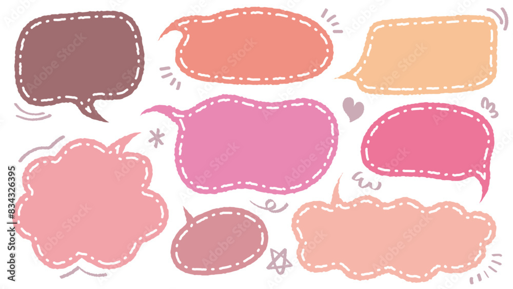 Set of hand drawn style cute memo sticker. Variety abstract shapes of pink speech bubble. quote color frames blank with crayon draw. Chat box balloon cloud. Label tag collection vector for text