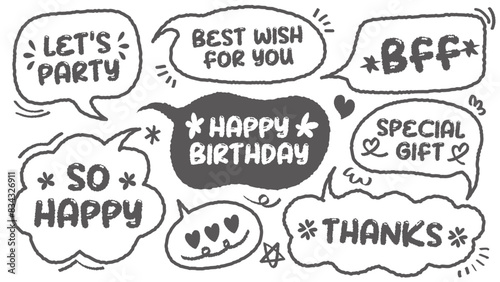 Set of hand drawn style birthday cute memo sticker. Variety abstract shapes of blue speech bubble. Quote gray scale frames blank with crayon draw. Chat box balloon cloud. Party, Happy, Gift, Wish, BFF