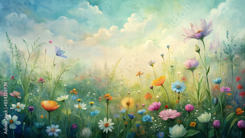 Watercolor background of wildflowers blooming in a meadow © Fauzi Arts