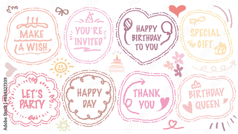 Set of hand drawn speech bubble with Girl Happy Birthday inscription. Cute memo party sticker. Draw with crayon quote frame. Comic doodle style birthday label. Romantic blank for text. Balloon, Cake Set of hand drawn speech bubble with Girl Happy Birthday inscription. Cute memo party sticker. Draw with crayon quote frame. Comic doodle style birthday label. Romantic blank for text. Balloon, Cake
