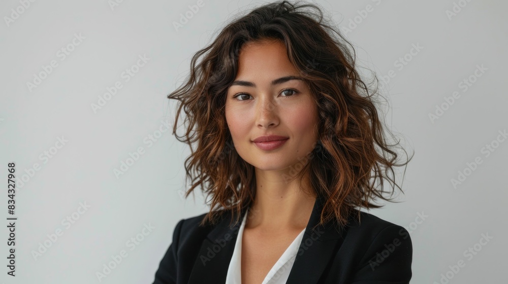 Stylish asian woman in black blazer and white shirt standing with arms crossed in professional business attire Stylish asian woman in black blazer and white shirt standing with arms crossed in professional business attire