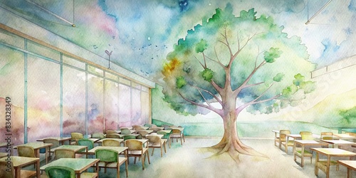 Classroom with a watercolor tree mural on the wall , education, school, classroom, tree, mural, artwork, artistic, colorful, creativity, learning environment, interior design