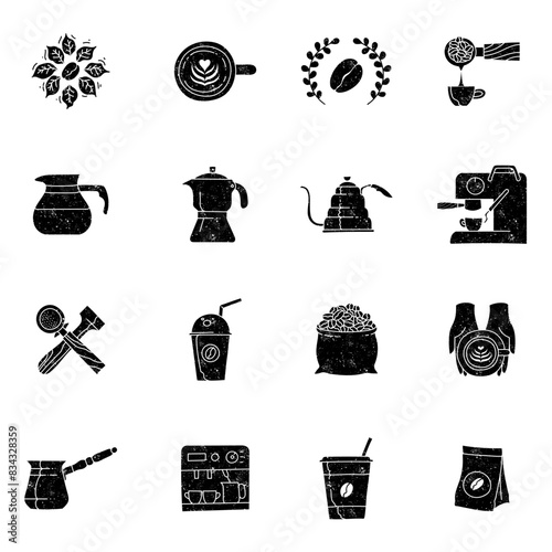 black grunge textured hand drawn coffee icon set