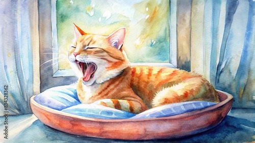 Yawning red tabby cat napping in pet bed by window, orange fur watercolor painting, yawning, red cat, pet bed, indoor, home window, napping, domestic, tabby, animal, orange hair photo