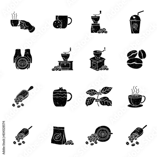 black grunge textured hand drawn coffee icon set