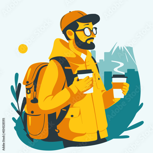 Travel Blogger with a Coffee Travel Related Vectorin Plain Background