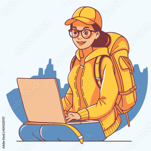 Travel Blogger with a Laptop Travel Related Vectorin Plain Background