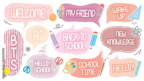 Back to school theme hand-drawn speech bubble. Set of BTS crayon cute memo sticker. Welcome school begin the semester chat box. Stationery pattern balloon cloud. Pencil, Science, Art, Math, Paper clip