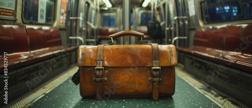 A solitary briefcase sits on a subway seat, embodying the professionalism of the daily commuter. photo