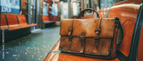 A solitary briefcase sits on a subway seat, embodying the professionalism of the daily commuter. photo