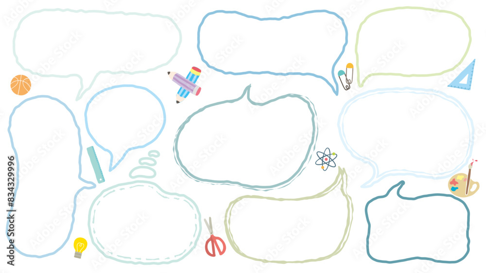 Obraz premium School theme hand-drawn style out-line speech bubble for text. Set of blank BTS crayon cute memo sticker. Stationery pattern crayon drawing balloon cloud. Pencil, Science, Art, Math, Paper clip, Sport