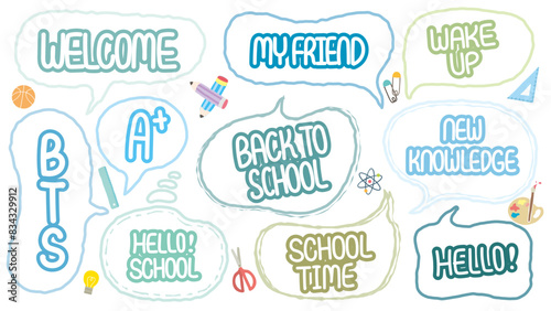 Back to school theme out-line hand-drawn speech bubble. Set of BTS crayon cute memo sticker. Welcome school begin semester chat box. Stationery pattern balloon cloud. Pencil, Science, Math, Paper clip