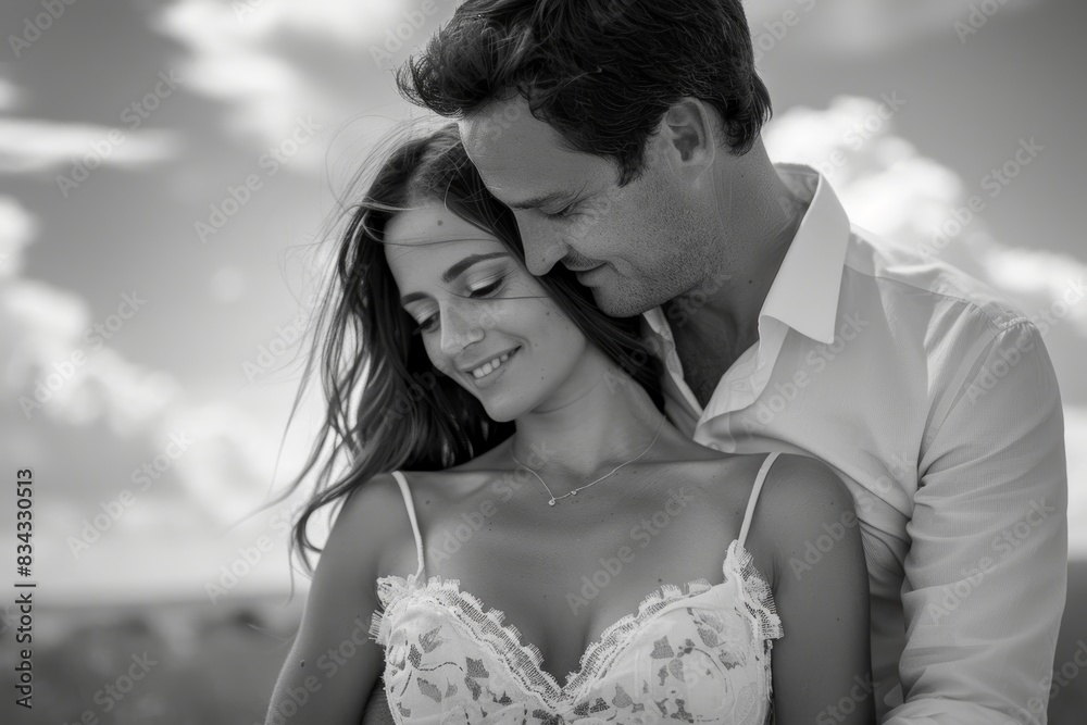 Naklejka premium A romantic black and white photograph capturing a moment of intimate connection between a couple, standing close and sharing a loving embrace against a serene outdoor backdrop with soft clouds