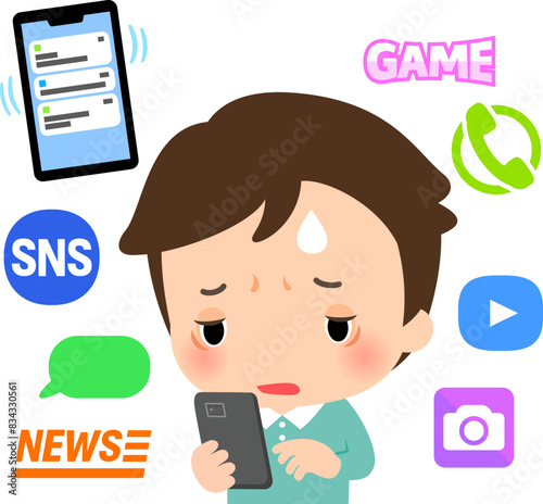 スマートフォンを使い続けて疲れている男性