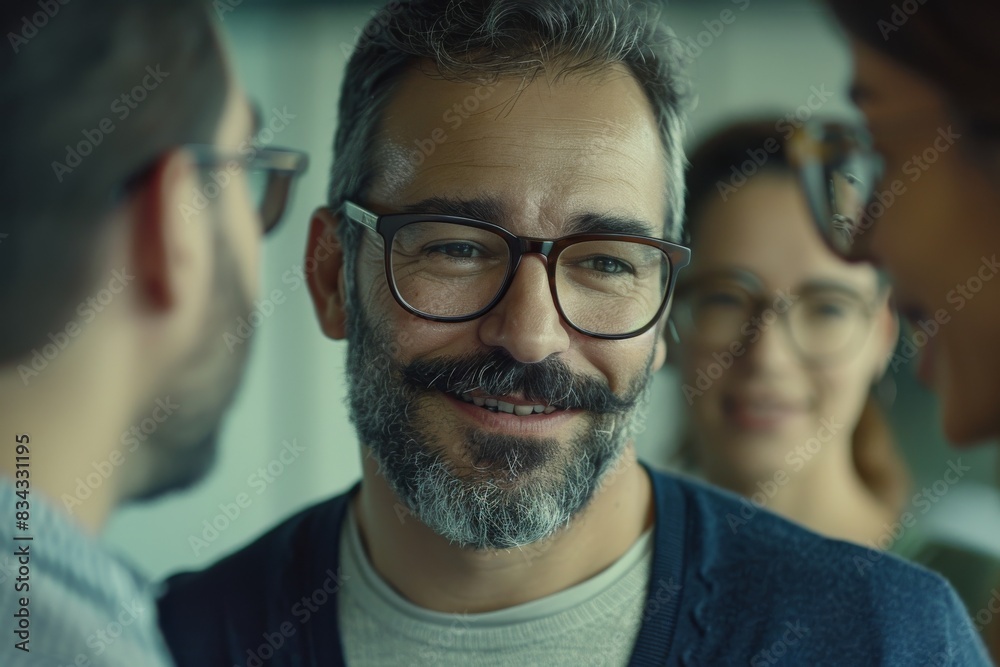 Portrait of happy man with glasses looking at camera with his friends in background Portrait of happy man with glasses looking at camera with his friends in background