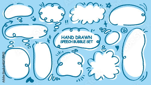 Cute quote colorful think bubble. Set of hand drawn memo frame. Comic style blank for text. Variety of chat balloon. Doodle crayon drawing cloud. Cartoon funny freehand speech box Flat vector message