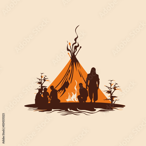 Ancestors People Campfire Logo Vector Illustration   Tribal, History, Fire, Community, Icon