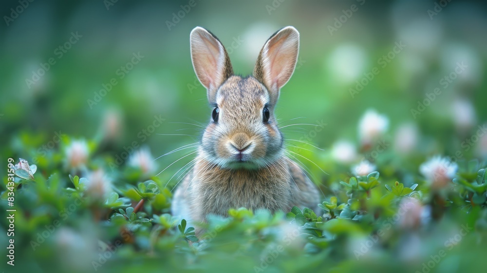 A beautiful close-up shot of a cute rabbit sitting among lush greenery and white flowers with a blurred background, capturing the essence of nature and wildlife in a serene setting A beautiful close-up shot of a cute rabbit sitting among lush greenery and white flowers with a blurred background, capturing the essence of nature and wildlife in a serene setting