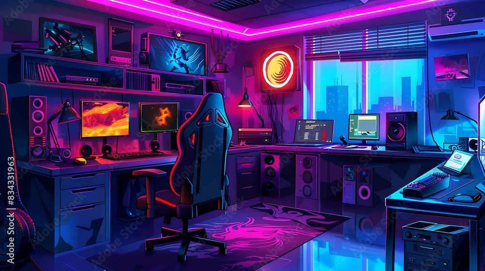 Future-Ready Gaming Haven: Vibrant Illustration Design of a High-Tech ...
