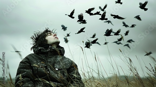 A serene moment in nature as a person in a field gazes up with closed eyes while surrounded by a flock of birds flying overhead beneath a cloudy sky