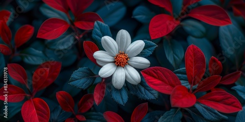 Aesthetically vibrant close-up of a single white flower surrounded by richly colored red and blue foliage in a natural setting