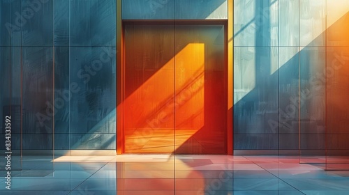 Create a flat illustration of a glass door with a geometric design etched into it photo