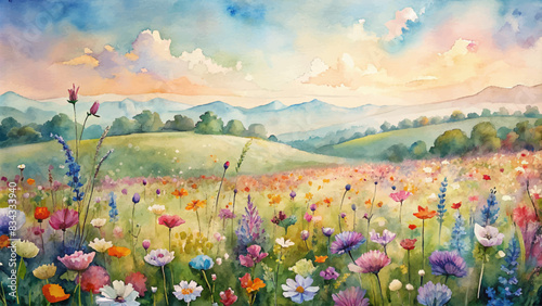 Watercolor background of wildflowers crossing the beautiful countryside