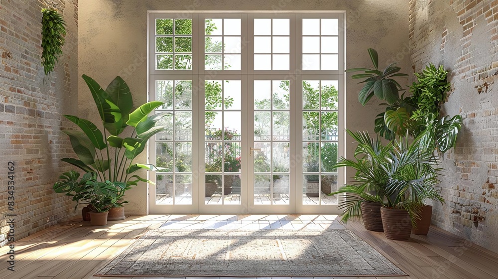 Generate a visual of a glass door with a transom window above Generate a visual of a glass door with a transom window above