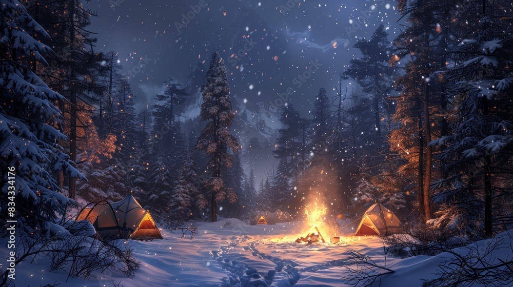 In a snowy forest, a large, blazing campfire is surrounded by a small group of tents. In a snowy forest, a large, blazing campfire is surrounded by a small group of tents.