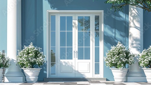 Illustrate a glass door with a transom window and side panels, flat design