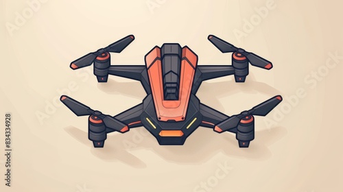 A drone with four propellers and a camera, isolated on a beige background. photo