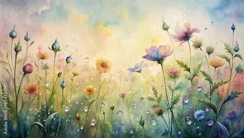 Watercolor background of wildflowers glistening in morning dew